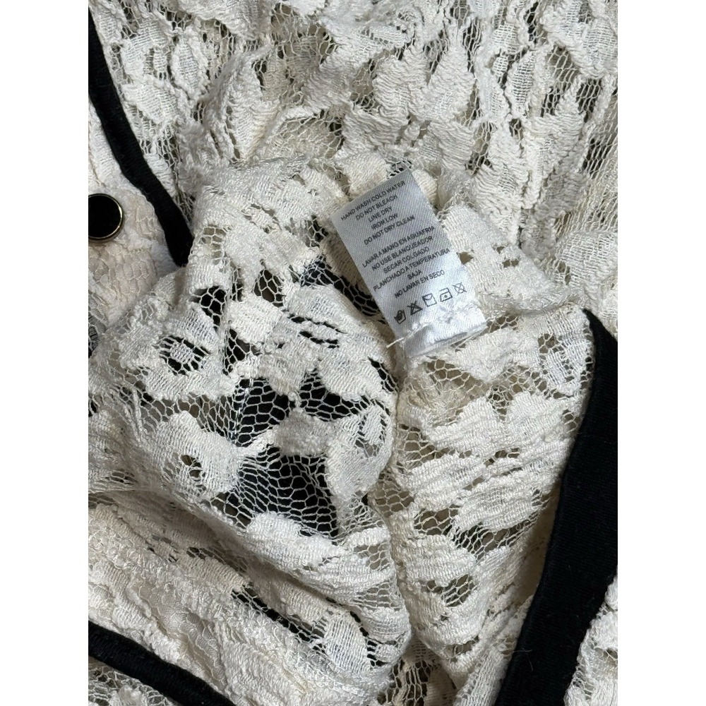 ISSI Cream Lace Black Trim Button Front Cardigan Sweater Women's‎ M - Picture 6 of 11